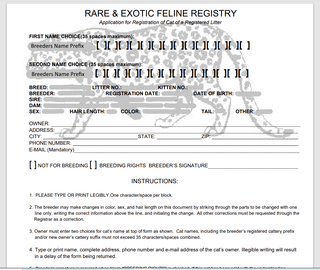 Registration Papers for Kitten From REFR Breeder Rare and Exotic Feline Registry
